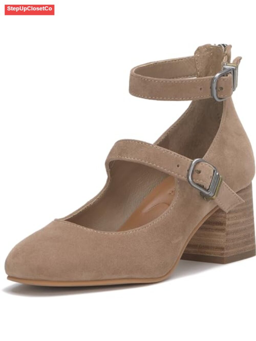 Suede Almond Toe Stacked Heel Pump with Multiple Straps and Buckles
